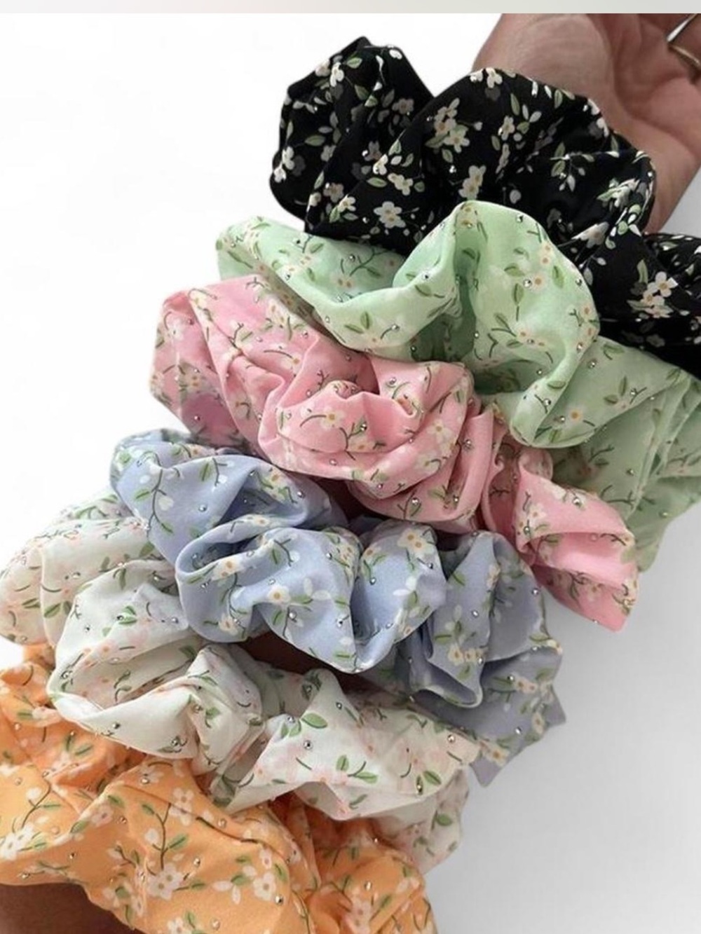 Jumbo Floral Print Fabric Scrunchies with rhinestones - Multicolor